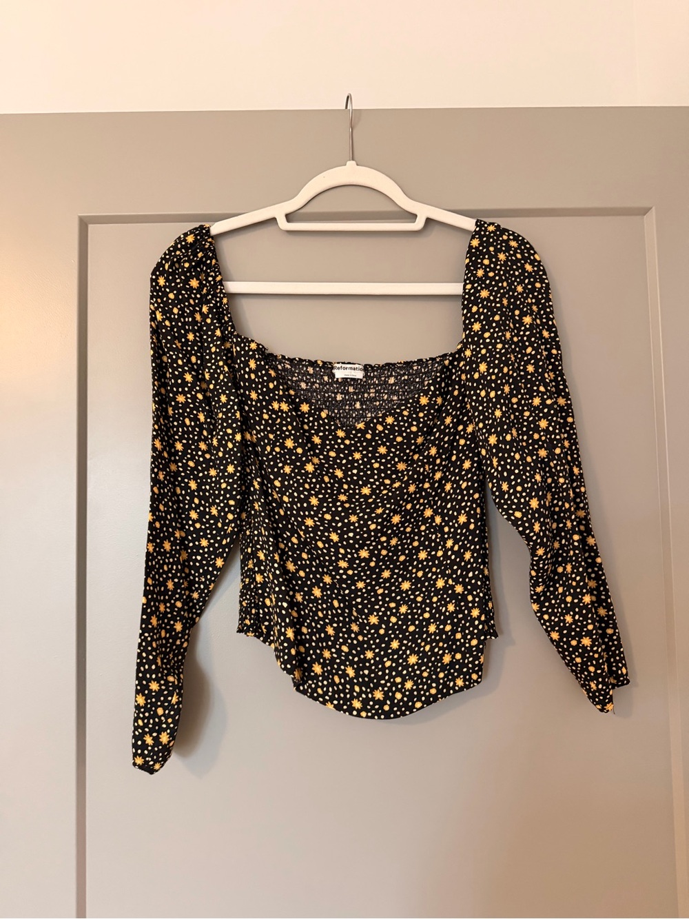 Reformation Square Neck Black Floral Long Sleeve Top